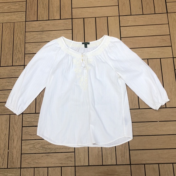 LRL Lauren Jeans white cotton summer blouse with floral embroidery and neck ties - Picture 7 of 11